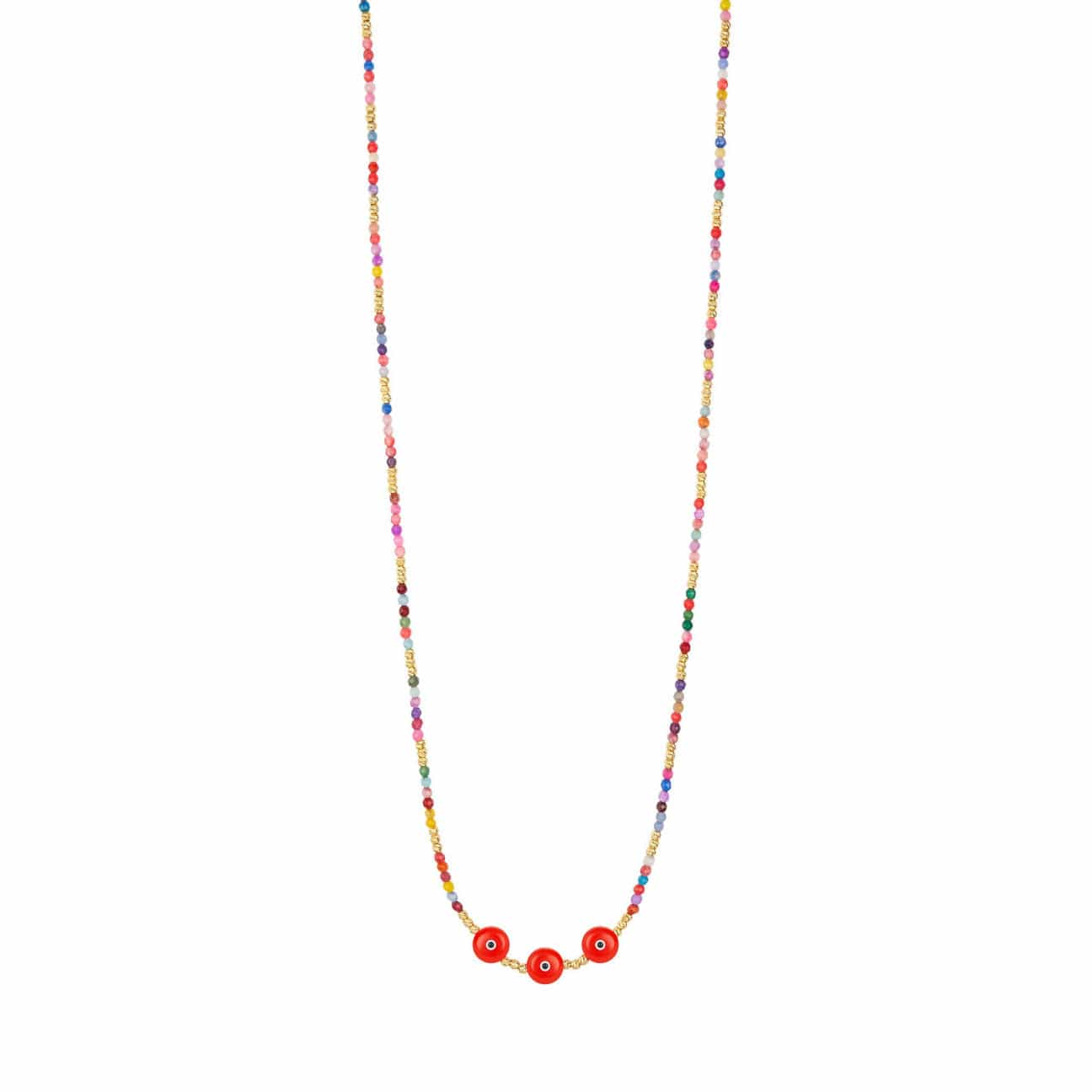 Long Colored Bead Necklace with 3 Majestic Evil Eyes - Coral - Golden Tangerine
