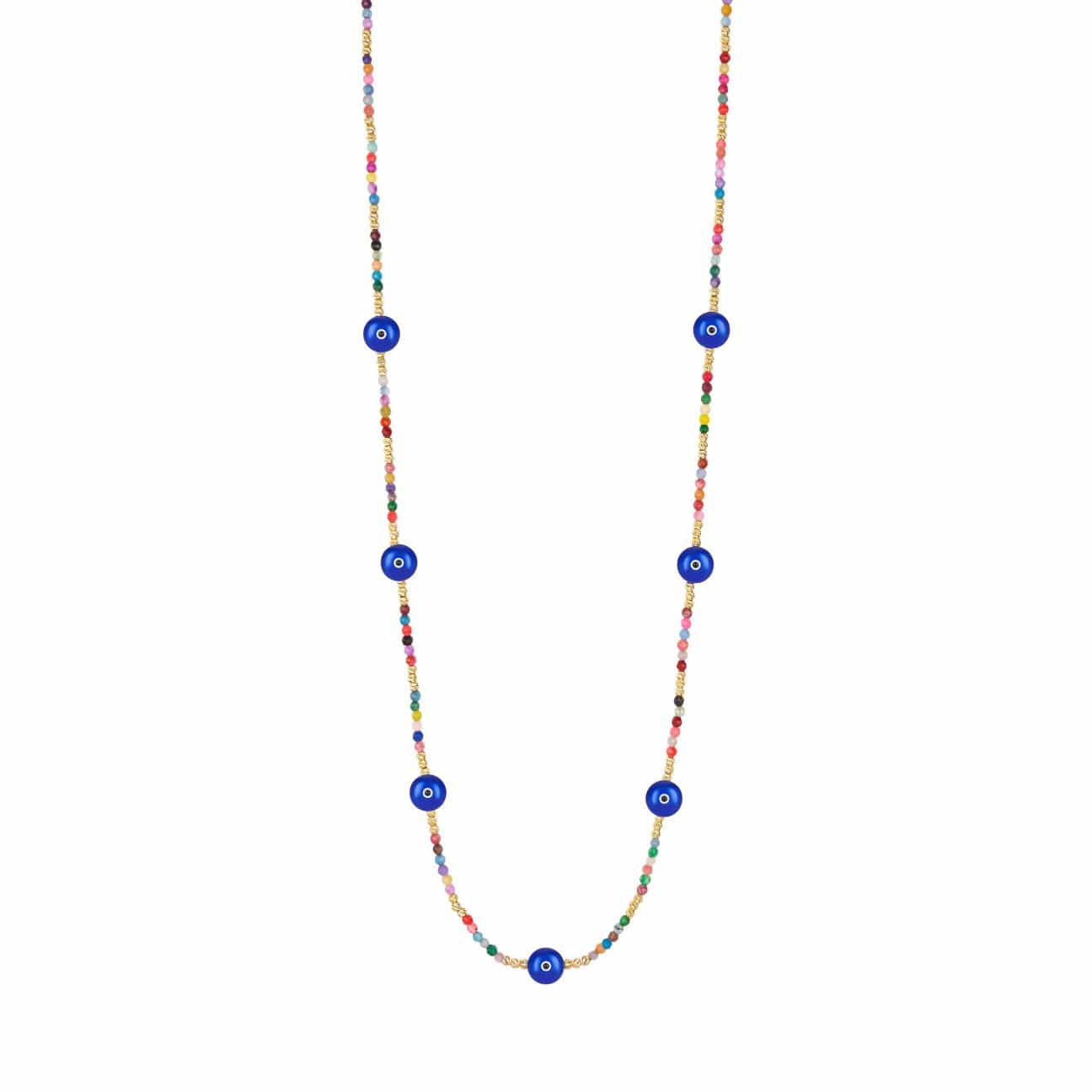 Long Colored Bead Necklace with 7 Majestic Evil Eyes - Navy - Golden Tangerine