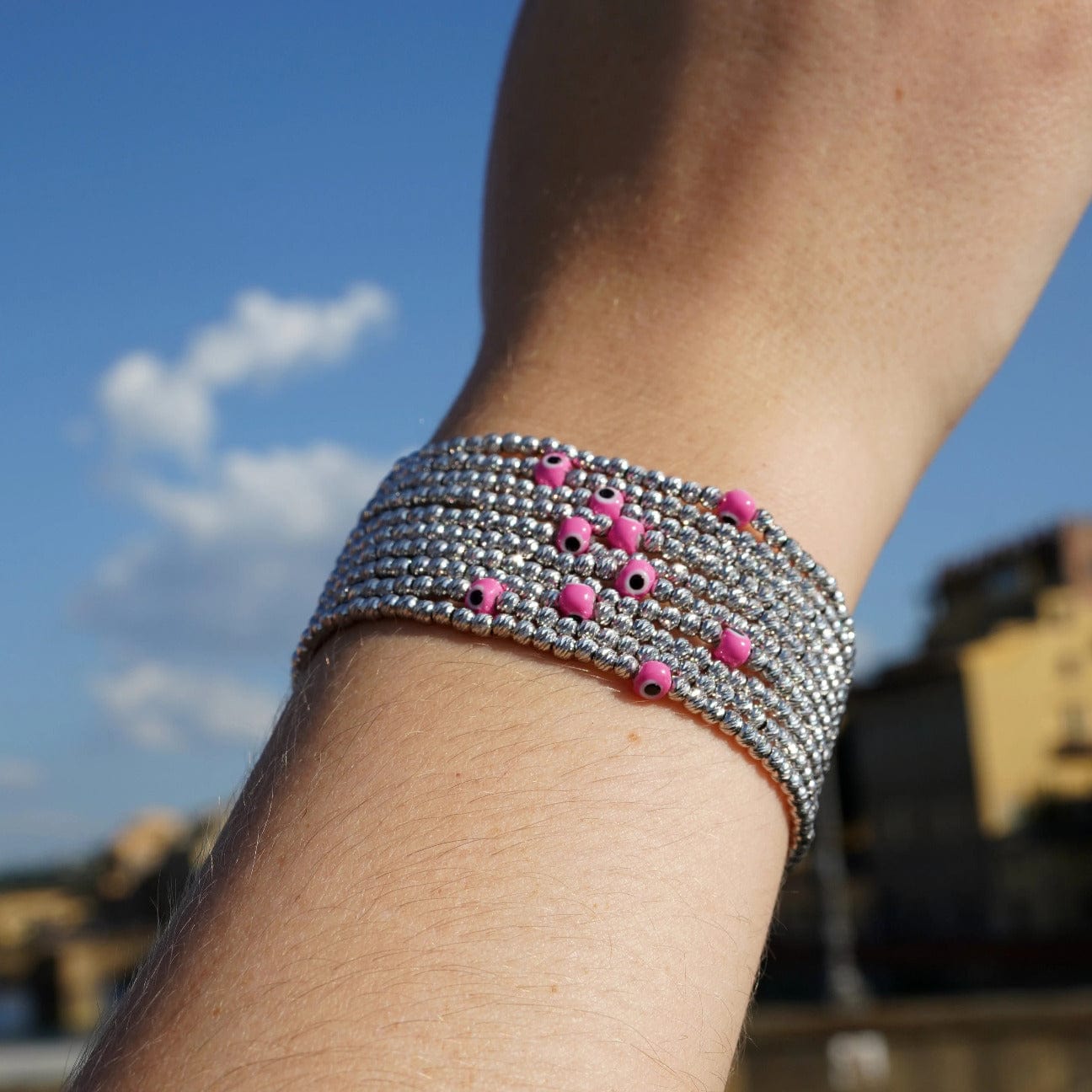 Bead Bracelet with Evil Eye - Silver and Pink - Golden Tangerine
