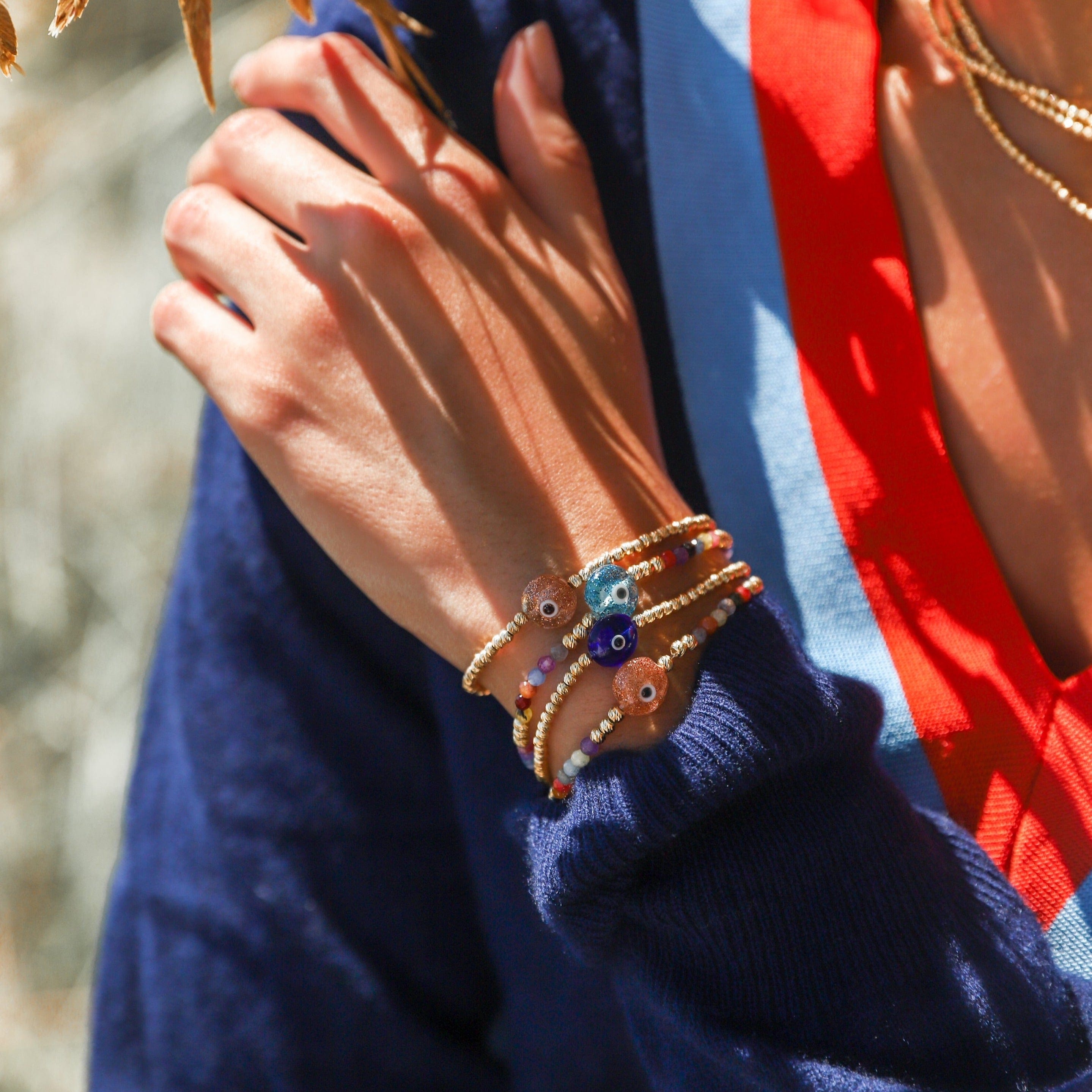 Colored Bead Bracelet with Majestic Evil Eye - Sparkling Blue - Golden Tangerine