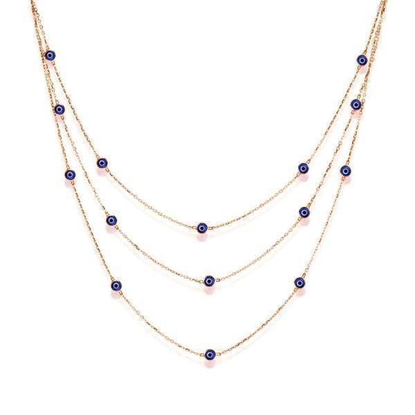 Triple Strand Necklace with Evil Eyes - Rose Gold and Navy - Golden Tangerine
